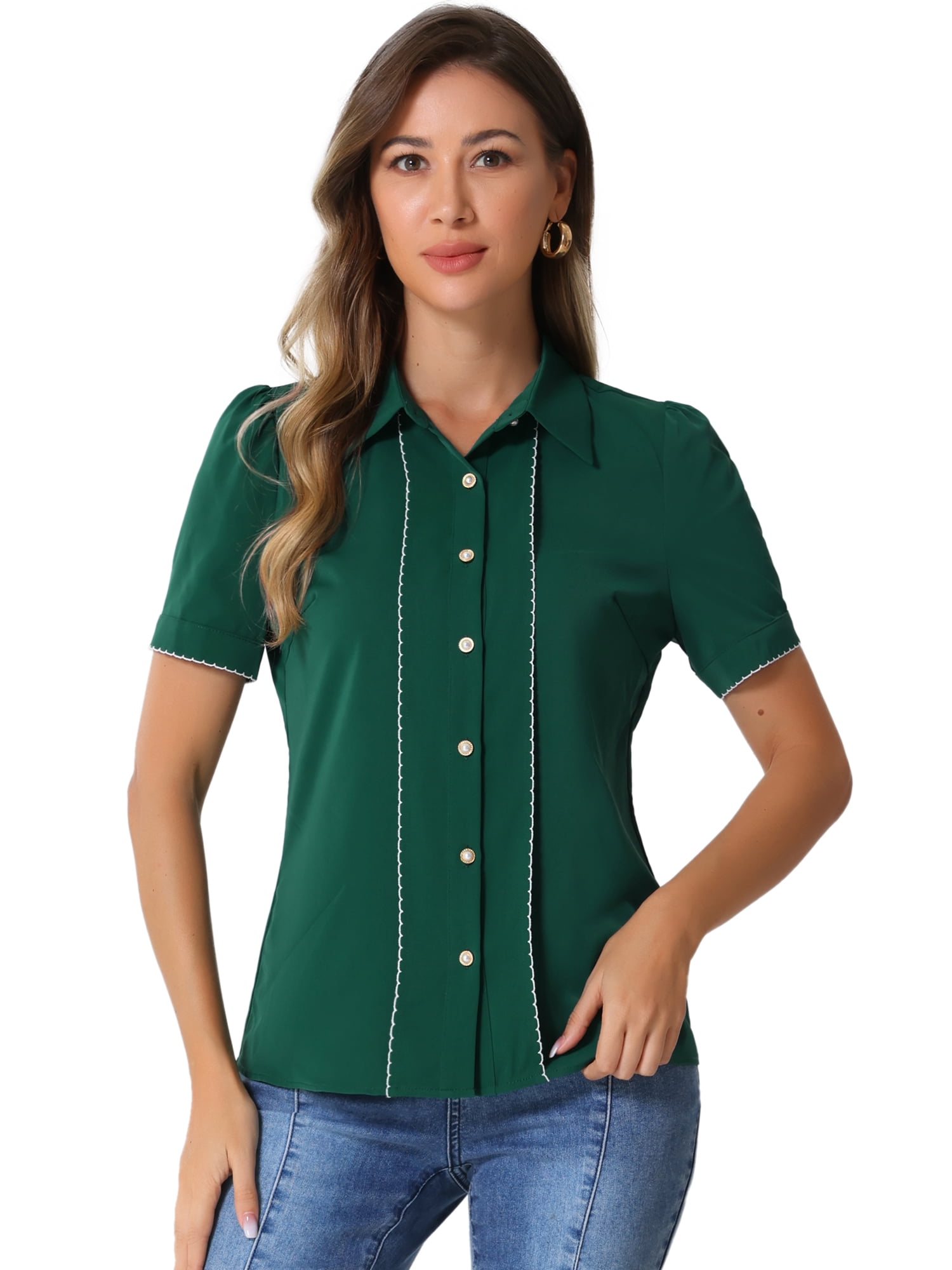 DARING DIVA Women's Button Down Collared Contrast Trim Puff Sleeve Blouse L Dark Green