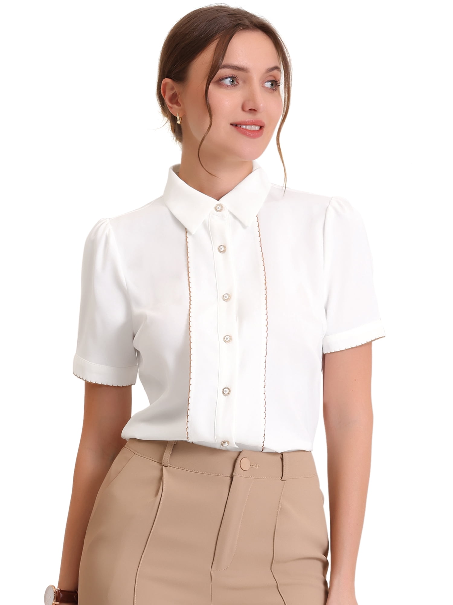 DARING DIVA Women's Button Down Collared Contrast Trim Puff Sleeve Blouse L White