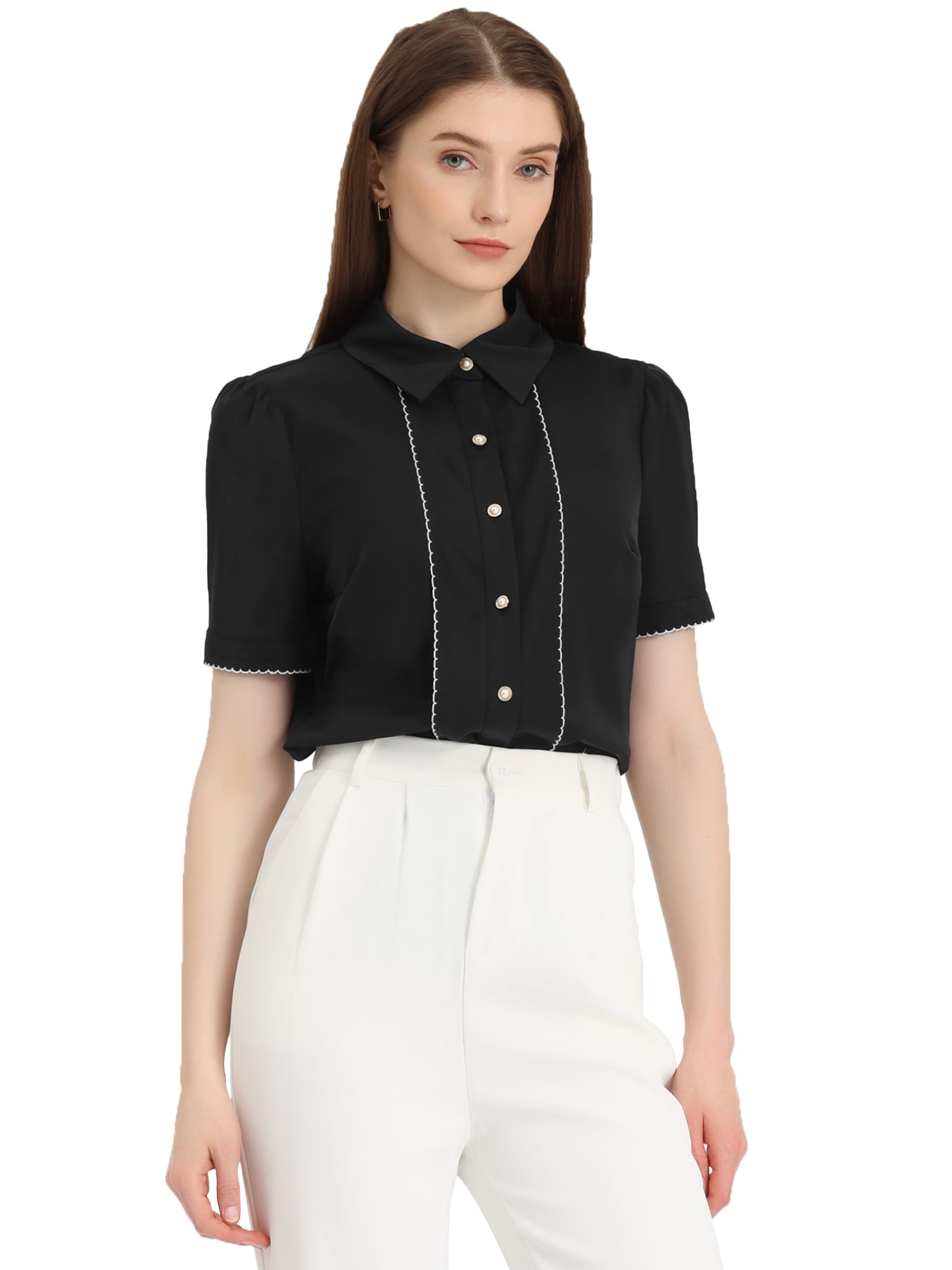 DARING DIVA Women's Button Down Collared Contrast Trim Puff Sleeve Blouse M Black
