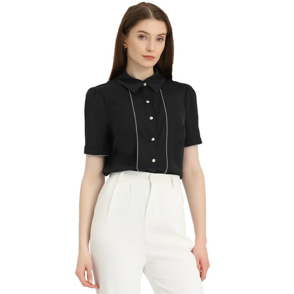 DARING DIVA Women's Button Down Collared Contrast Trim Puff Sleeve Blouse S Black