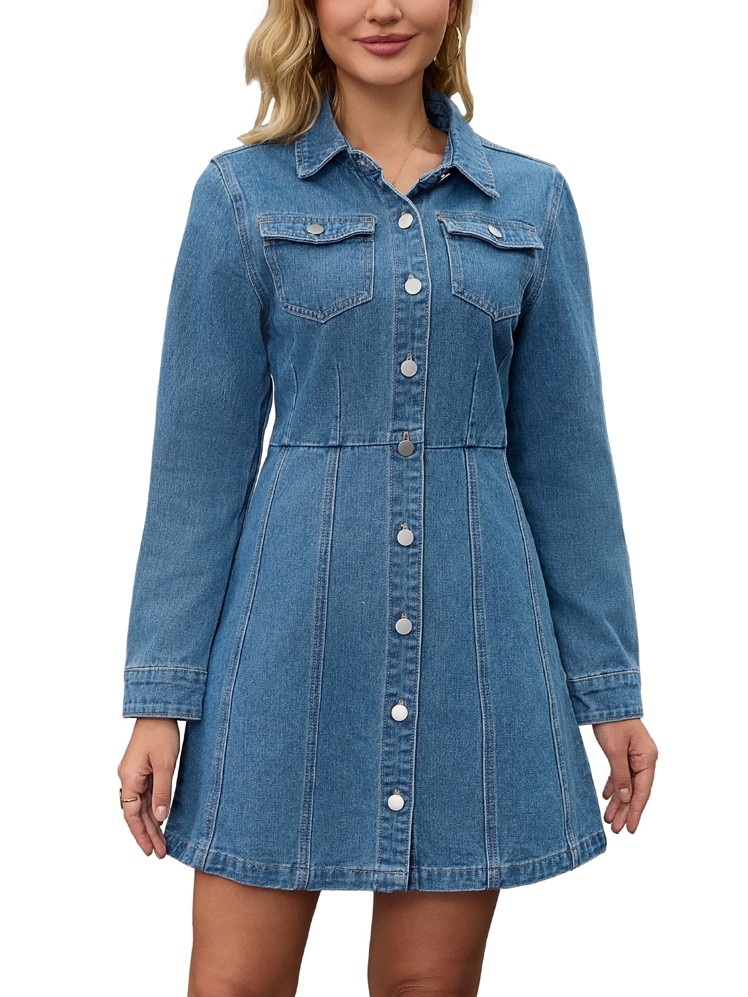 DARING DIVA Women's Button Down Collared Long Sleeve A-Line Jean Dress 2XL Blue