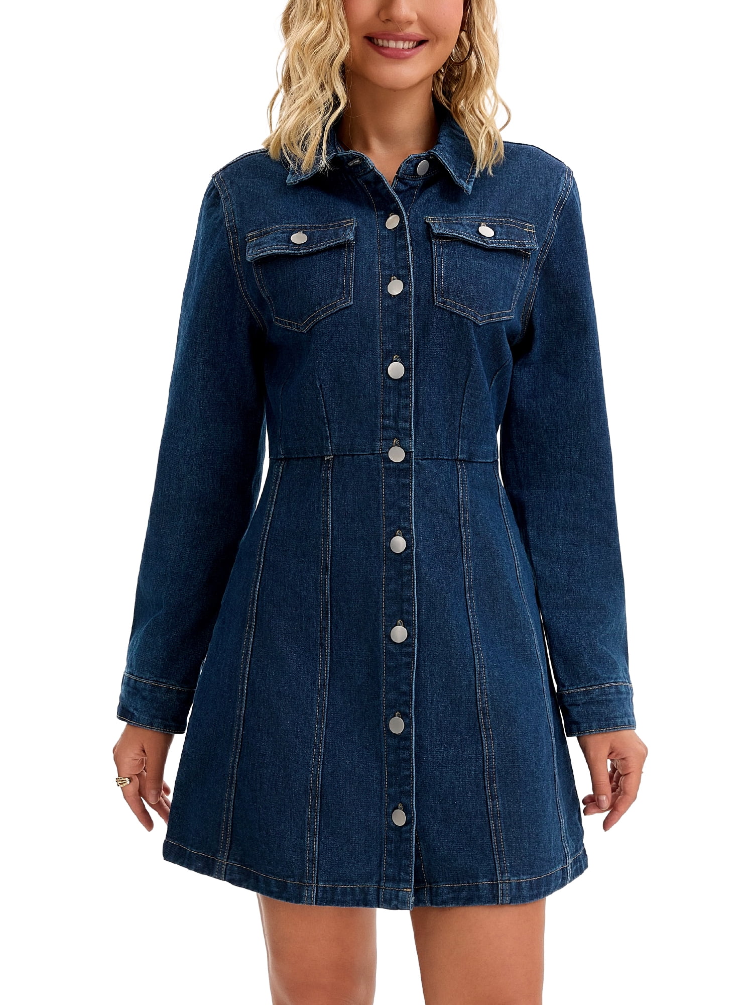 DARING DIVA Women's Button Down Collared Long Sleeve A-Line Jean Dress 2XL Dark Blue