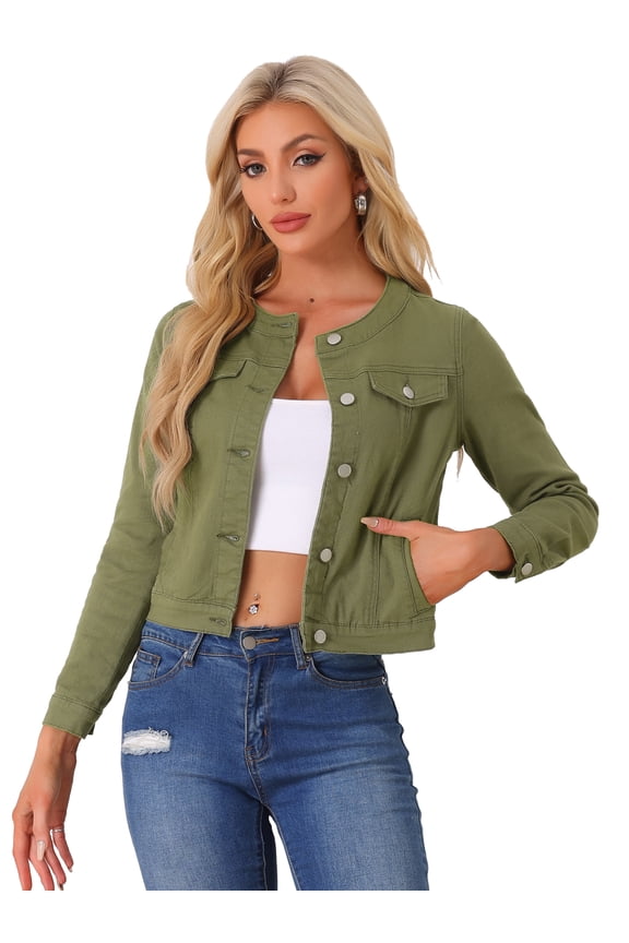 Women's Button Down Collarless Cropped Denim Jacket L Army Green