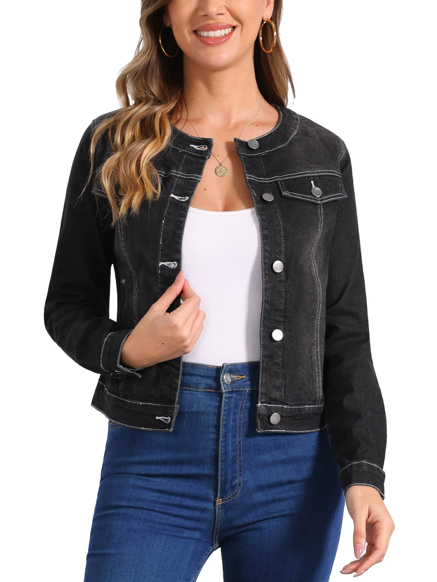 DARING DIVA Women's Button Down Collarless Cropped Denim Jacket L Black