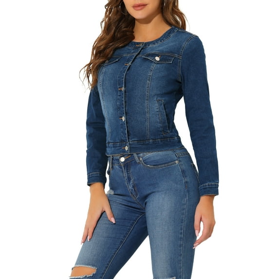 DARING DIVA Women's Button Down Collarless Cropped Denim Jacket L Dark Blue