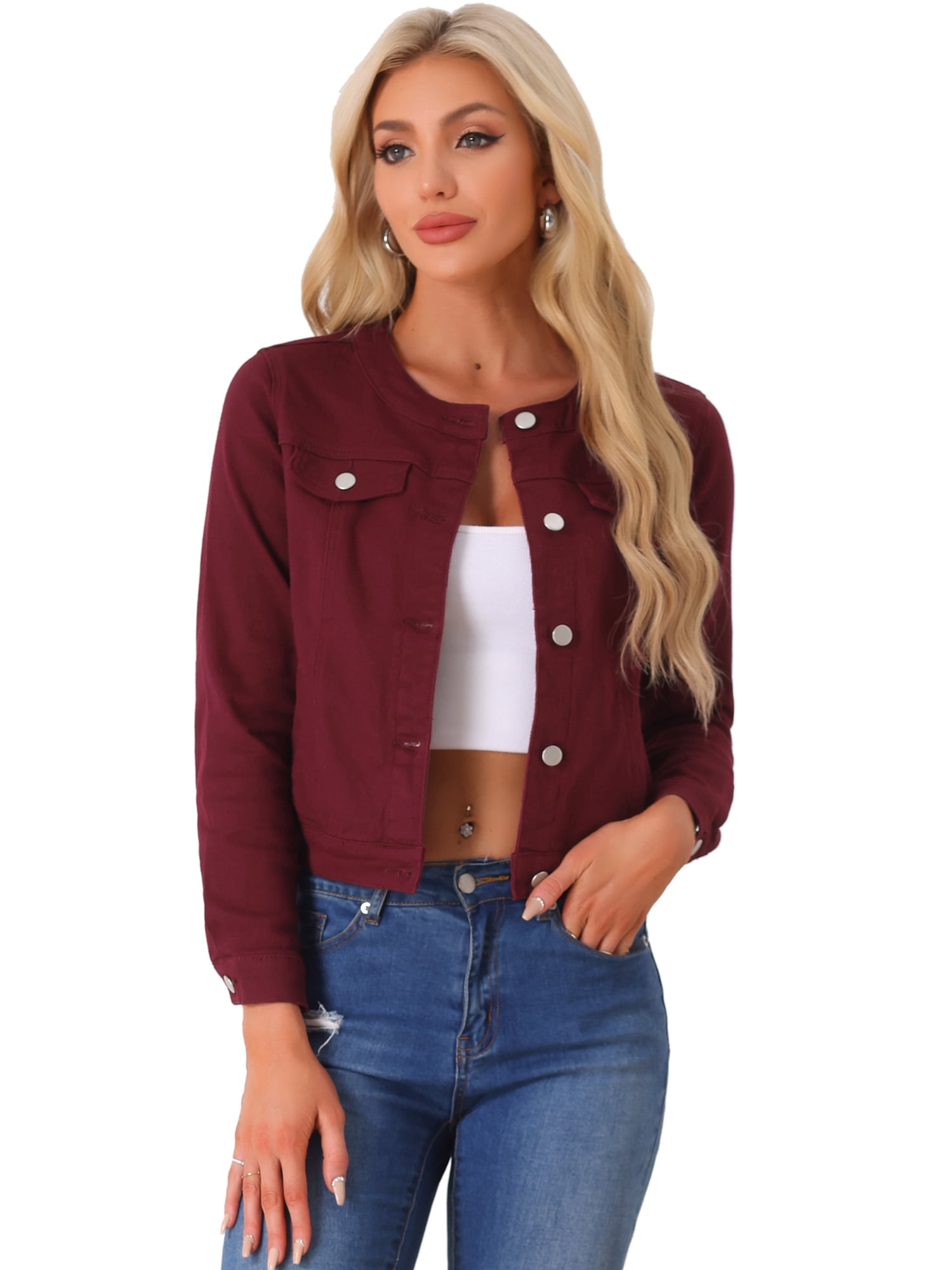 DARING DIVA Women's Button Down Collarless Cropped Denim Jacket L Dark Red