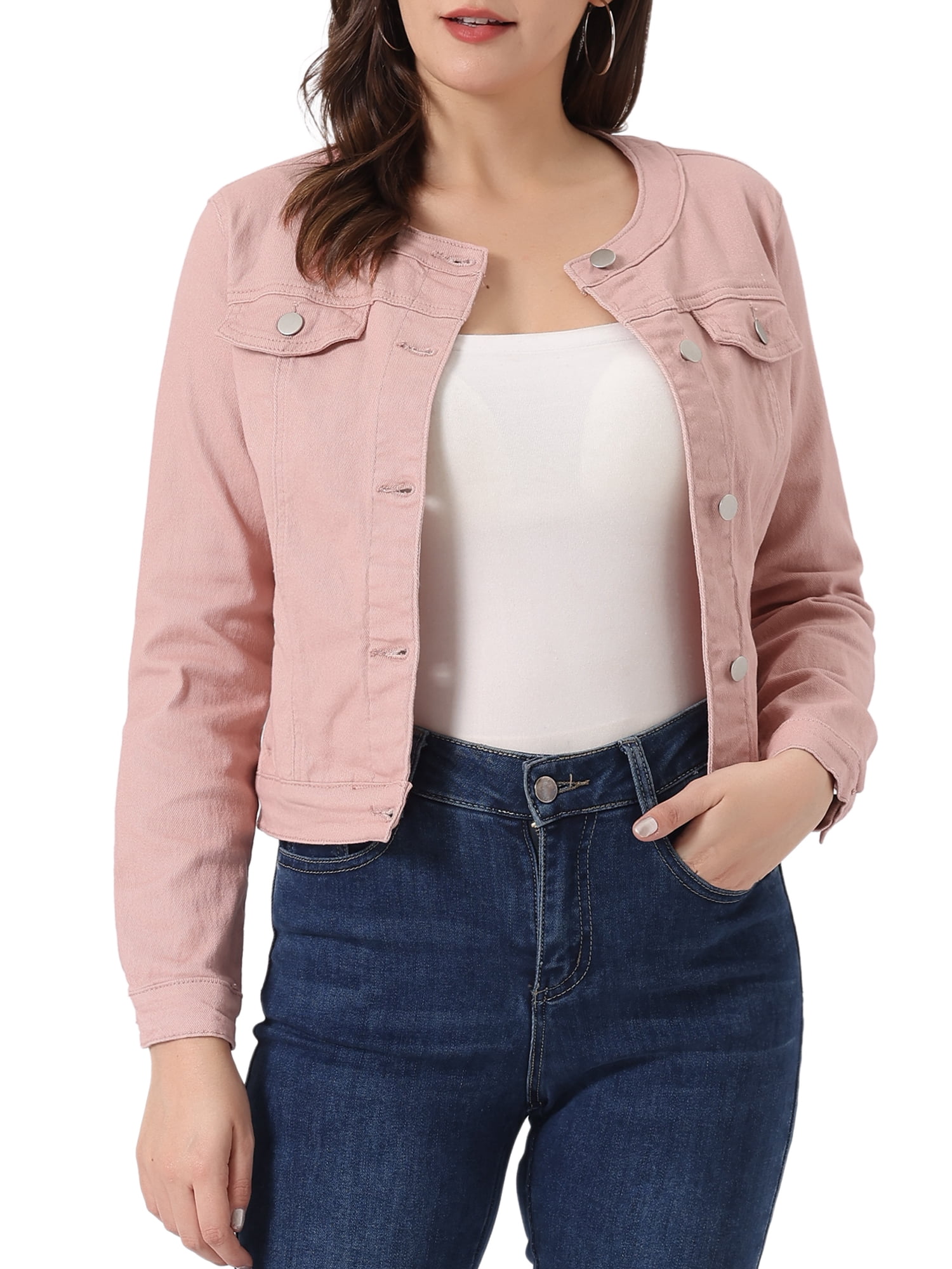 DARING DIVA Women's Button Down Collarless Cropped Denim Jacket L Dusty Pink