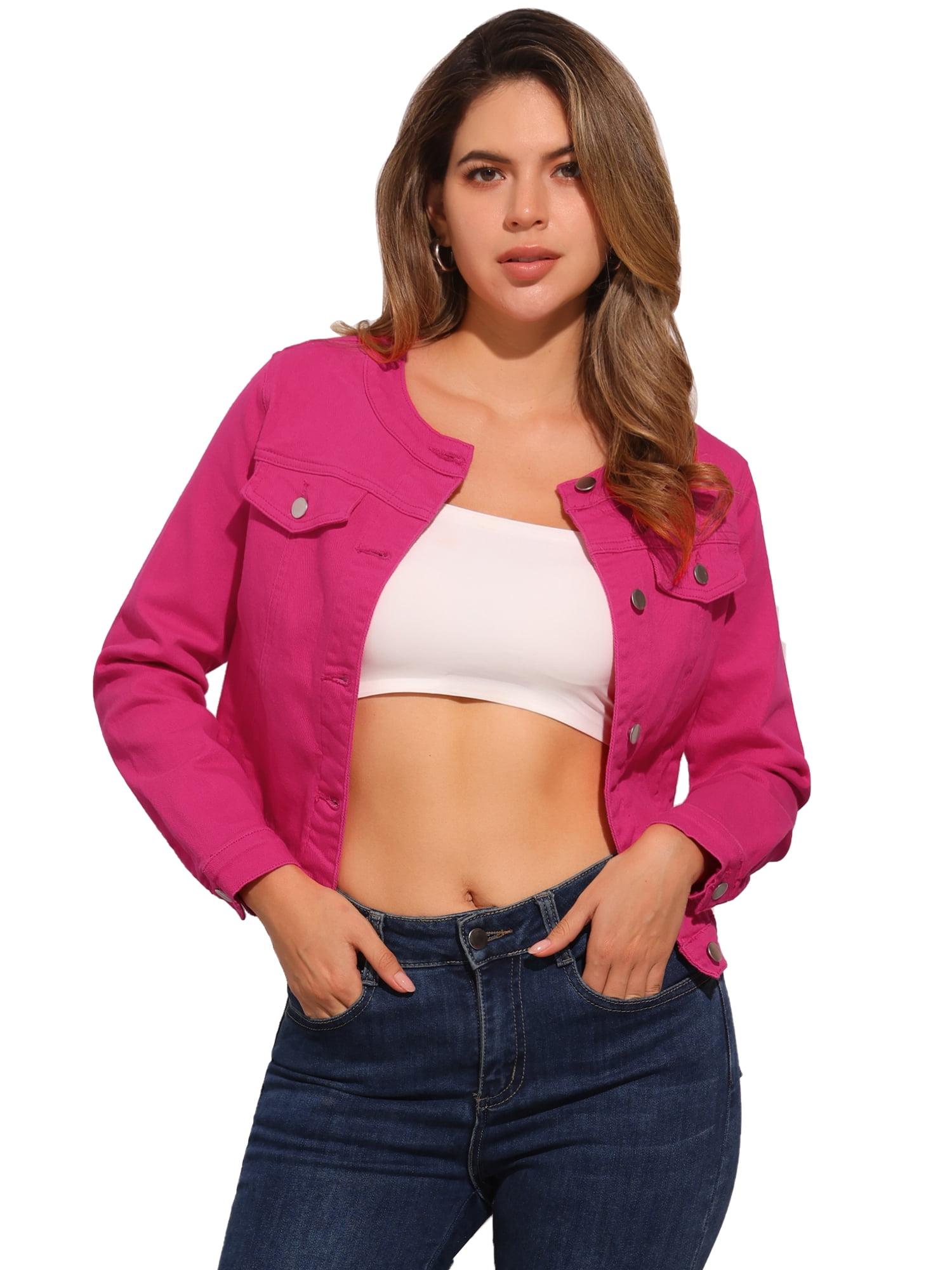 DARING DIVA Women's Button Down Collarless Cropped Denim Jacket L Hot Pink