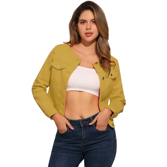 DARING DIVA Women's Button Down Collarless Cropped Denim Jacket L Yellow