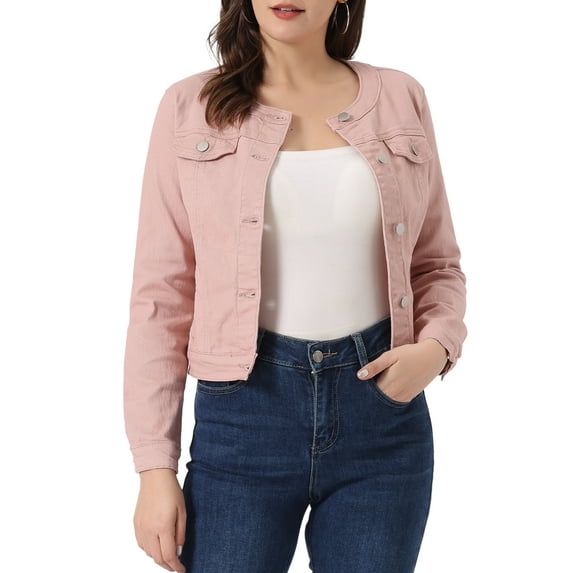 DARING DIVA Women's Button Down Collarless Cropped Denim Jacket M Dusty Pink