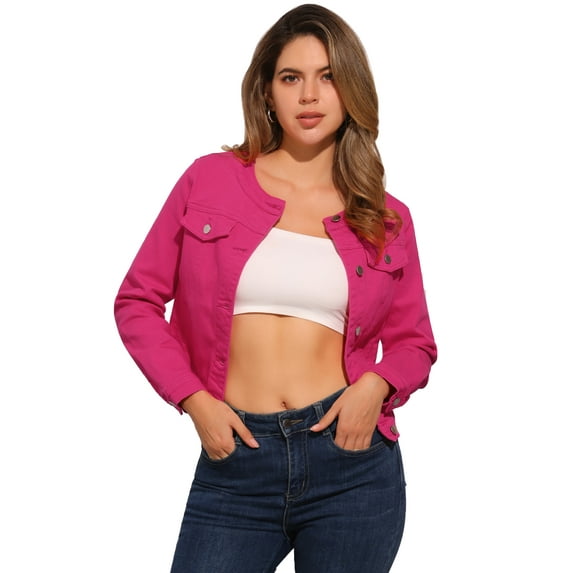 DARING DIVA Women's Button Down Collarless Cropped Denim Jacket M Hot Pink