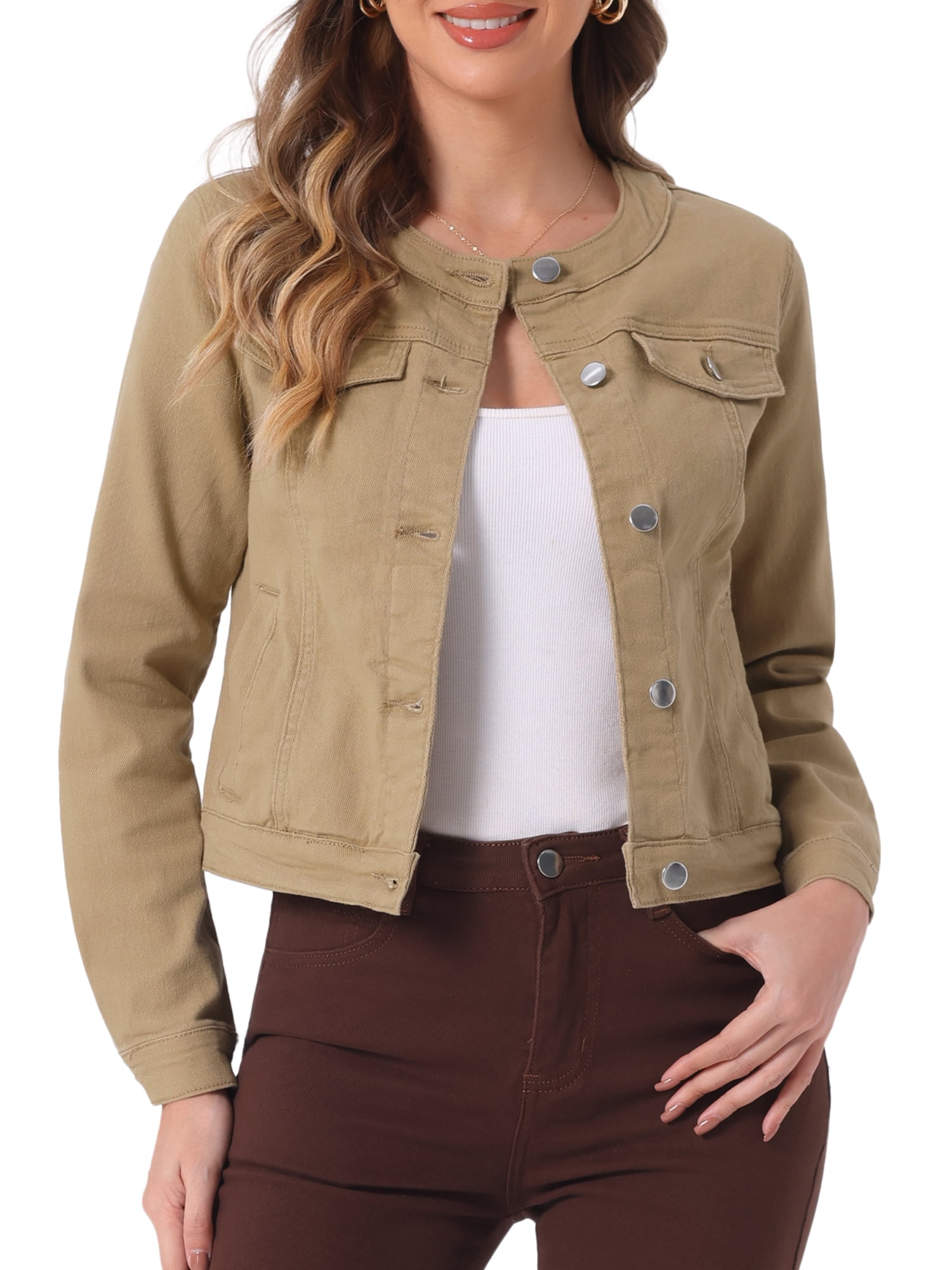 DARING DIVA Women's Button Down Collarless Cropped Denim Jacket M Khaki