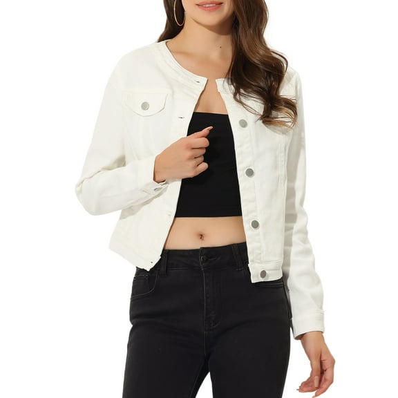 DARING DIVA Women's Button Down Collarless Cropped Denim Jacket M White
