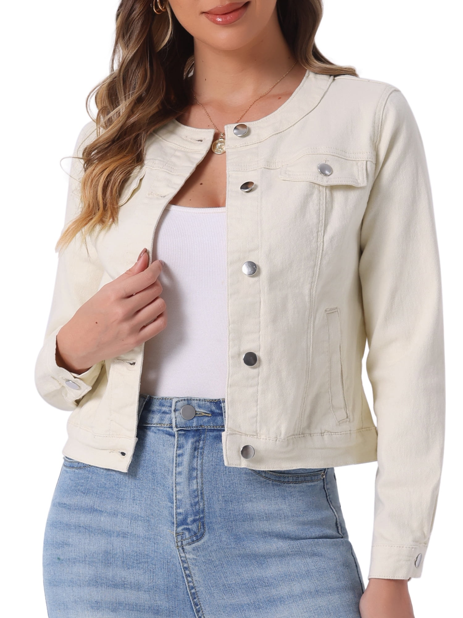 DARING DIVA Women's Button Down Collarless Cropped Denim Jacket S Beige