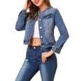 thumbnail image 1 of DARING DIVA Women's Button Down Collarless Cropped Denim Jacket S Blue, 1 of 6