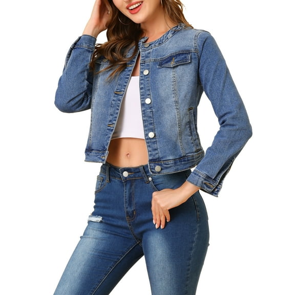 DARING DIVA Women's Button Down Collarless Cropped Denim Jacket S Blue