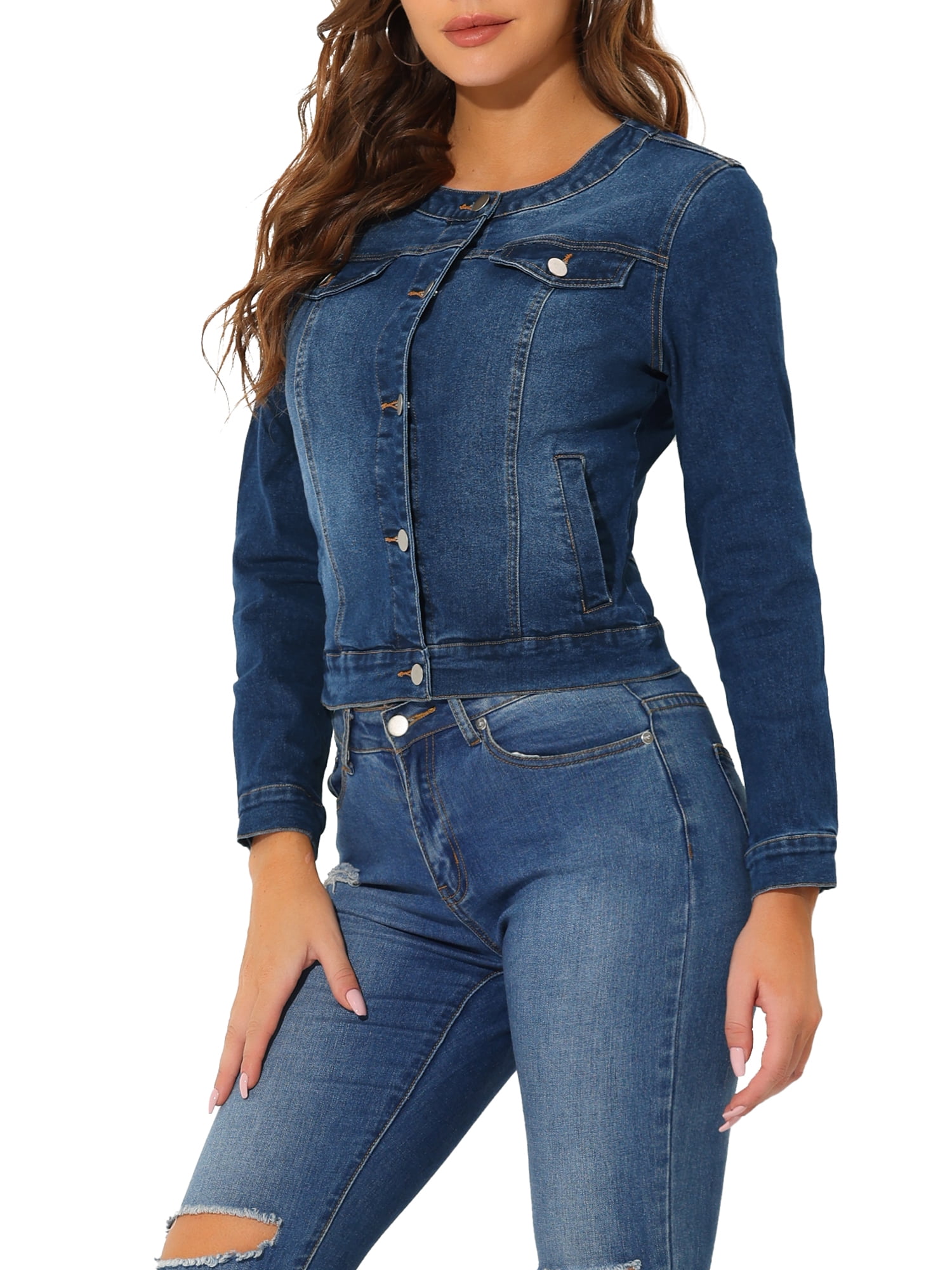 DARING DIVA Women's Button Down Collarless Cropped Denim Jacket S Dark Blue