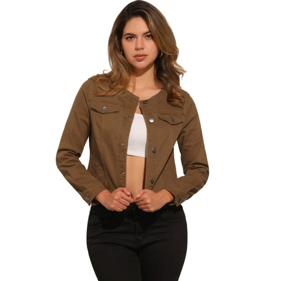 DARING DIVA Women's Button Down Collarless Cropped Denim Jacket S Dark Brown