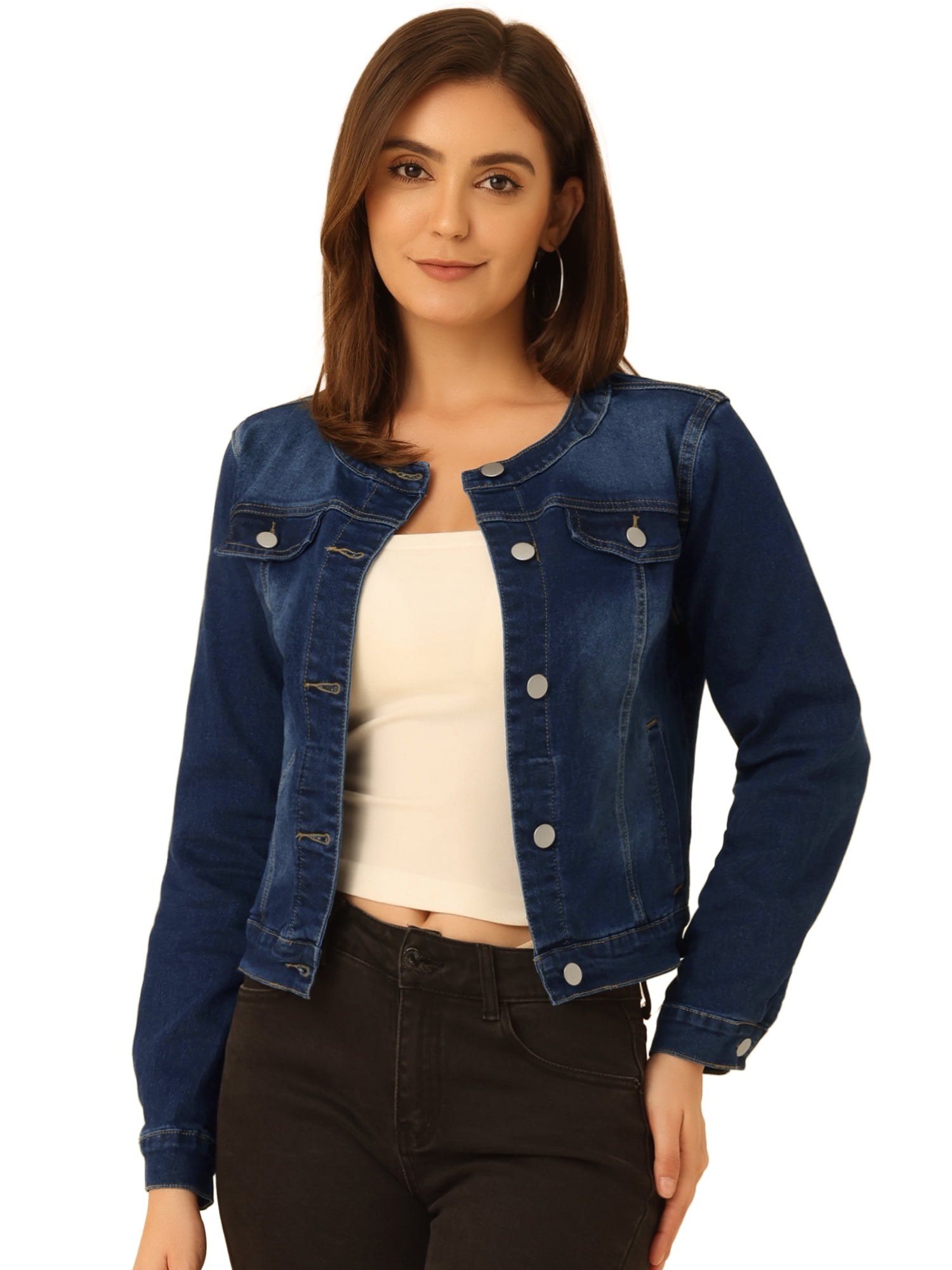 DARING DIVA Women's Button Down Collarless Cropped Denim Jacket S Deep Blue