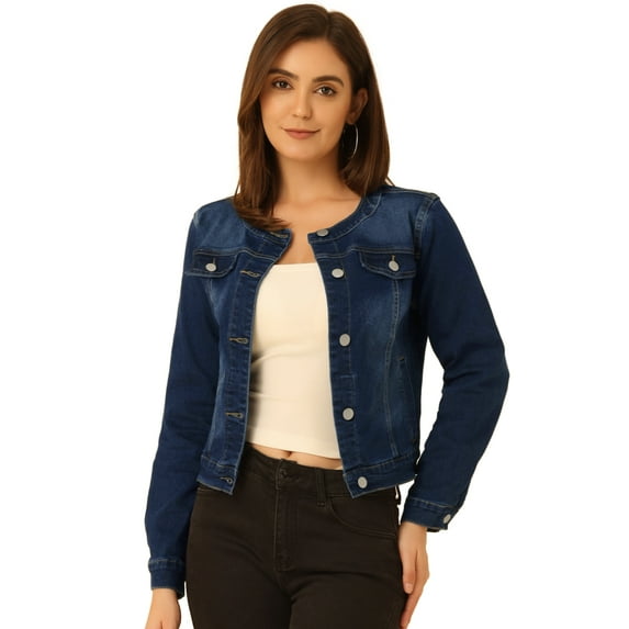 DARING DIVA Women's Button Down Collarless Cropped Denim Jacket S Deep Blue