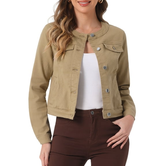 DARING DIVA Women's Button Down Collarless Cropped Denim Jacket S Khaki