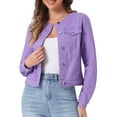 thumbnail image 1 of DARING DIVA Women's Button Down Collarless Cropped Denim Jacket S Purple, 1 of 6