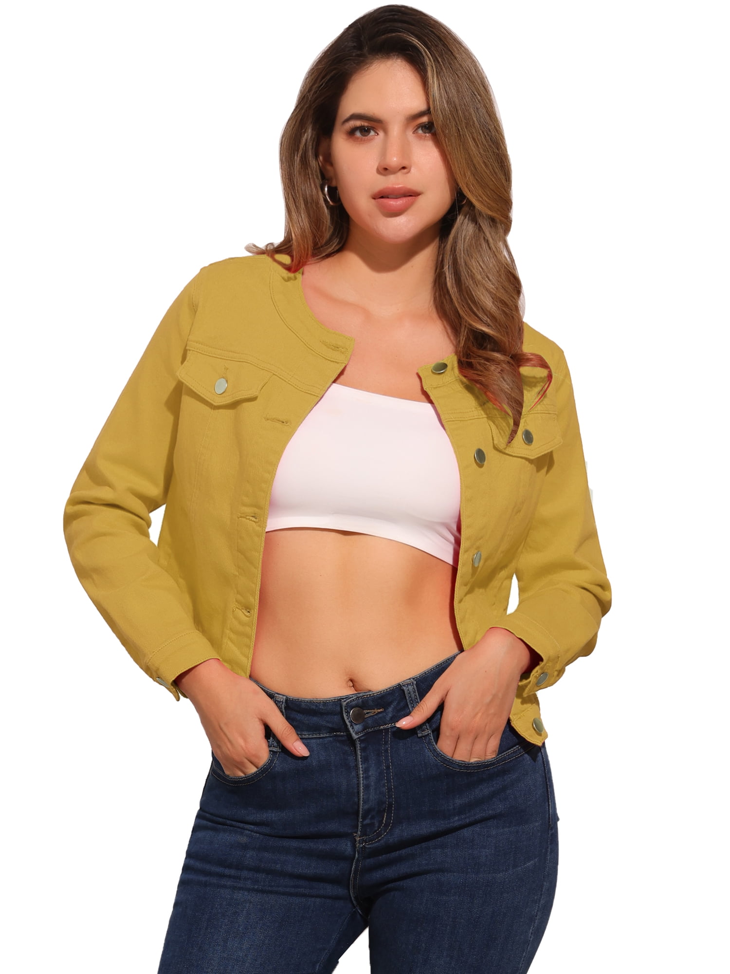 DARING DIVA Women's Button Down Collarless Cropped Denim Jacket S Yellow