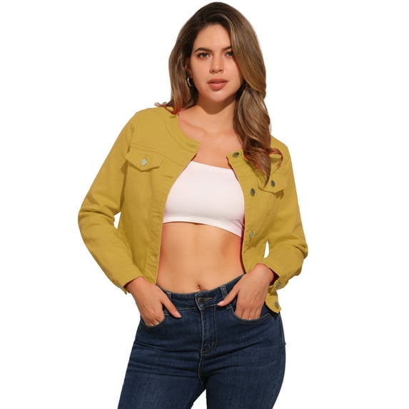 DARING DIVA Women's Button Down Collarless Cropped Denim Jacket S Yellow