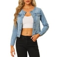 thumbnail image 1 of DARING DIVA Women's Button Down Collarless Cropped Denim Jacket XL Light Blue, 1 of 6