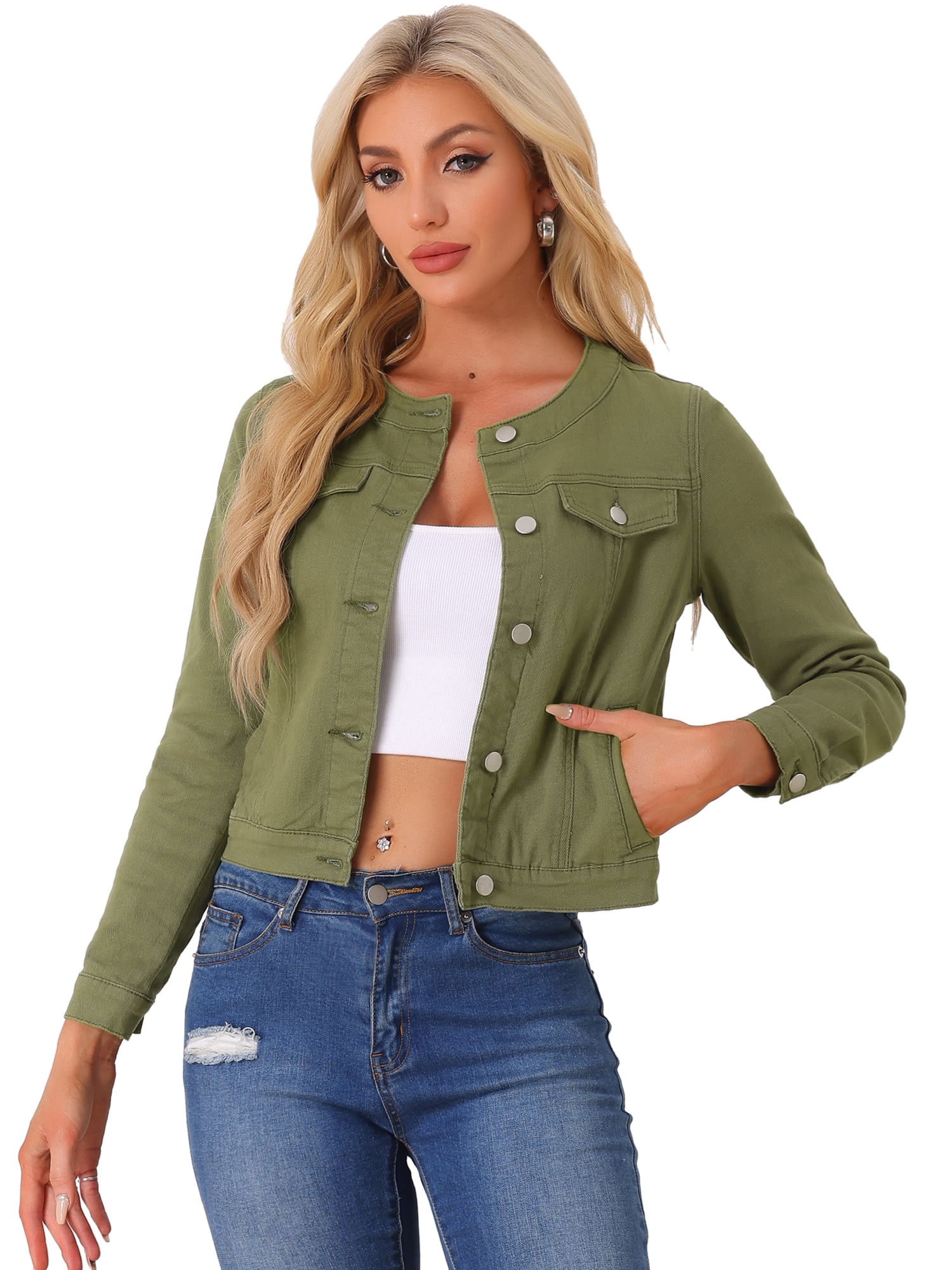 DARING DIVA Women's Button Down Collarless Cropped Denim Jacket XS Army Green