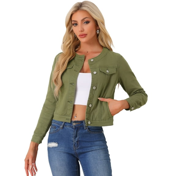 DARING DIVA Women's Button Down Collarless Cropped Denim Jacket XS Army Green