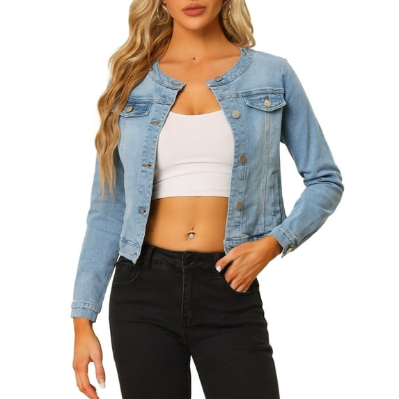 DARING DIVA Women's Button Down Collarless Cropped Denim Jacket XS Light Blue
