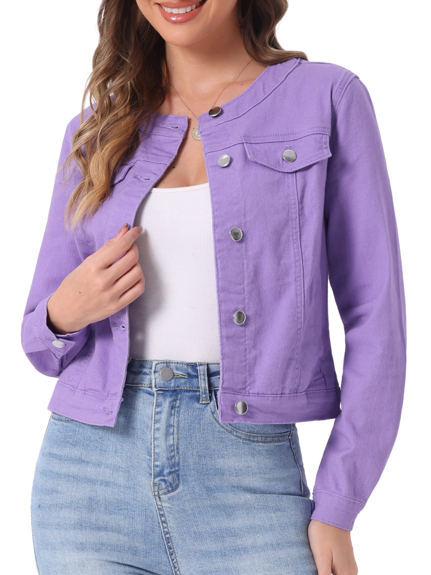DARING DIVA Women's Button Down Collarless Cropped Denim Jacket XS Purple