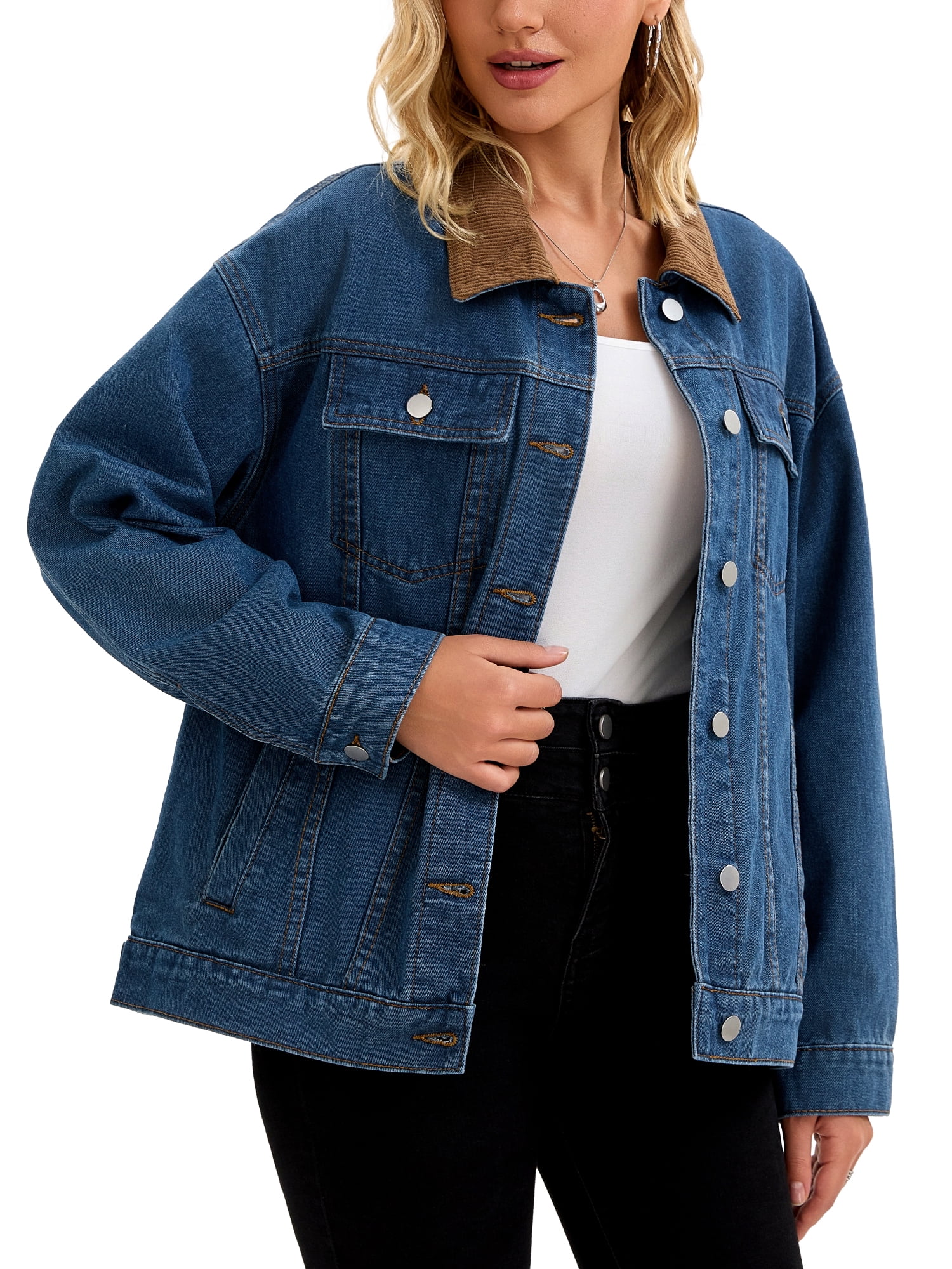 DARING DIVA Women's Button Down Corduroy Collar Long Sleeve Shacket 2XL Dark Blue