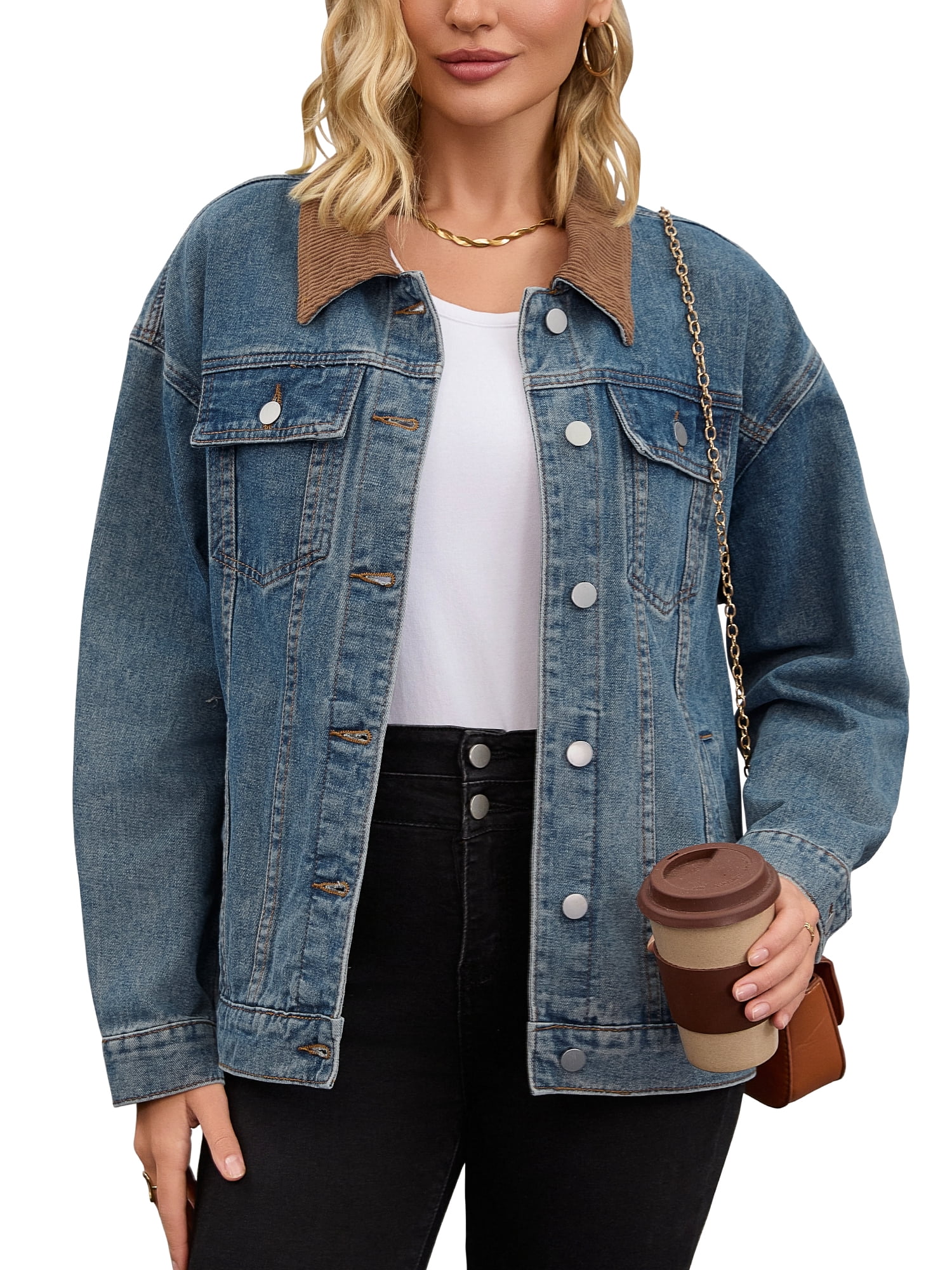DARING DIVA Women's Button Down Corduroy Collar Long Sleeve Shacket 2XL Retro Blue