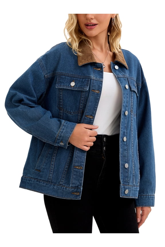 Women's Button Down Corduroy Collar Long Sleeve Shacket M Dark Blue