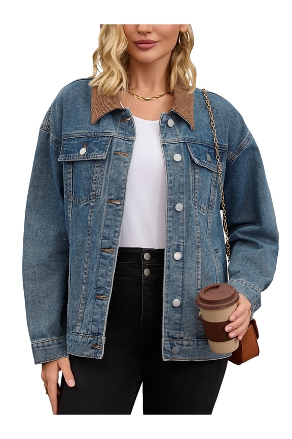 Women's Button Down Corduroy Collar Long Sleeve Shacket XL Retro Blue