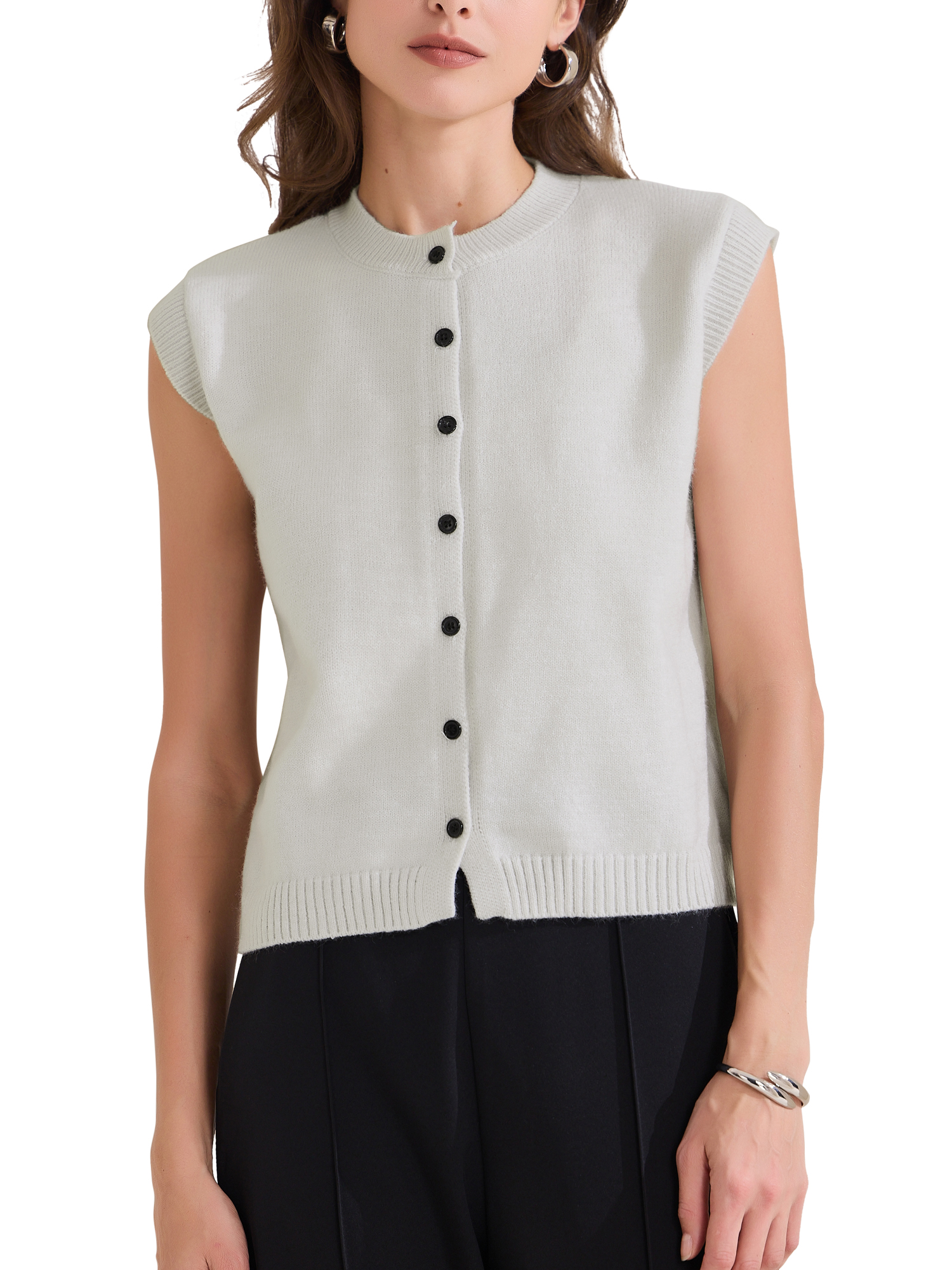 DARING DIVA Women's Button Down Crochet Chunky Knit Sweater Vest S Beige