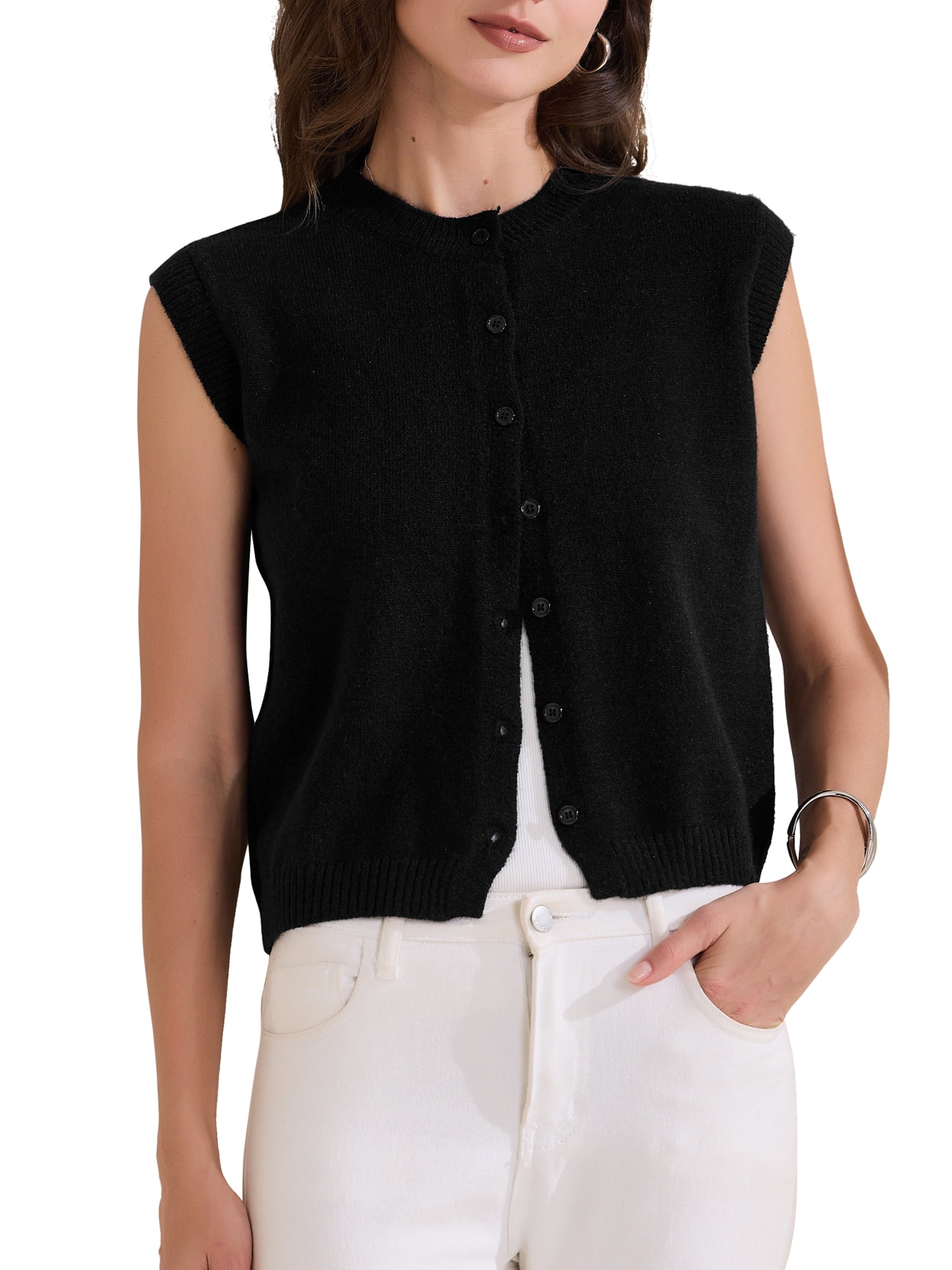 DARING DIVA Women's Button Down Crochet Chunky Knit Sweater Vest S Black