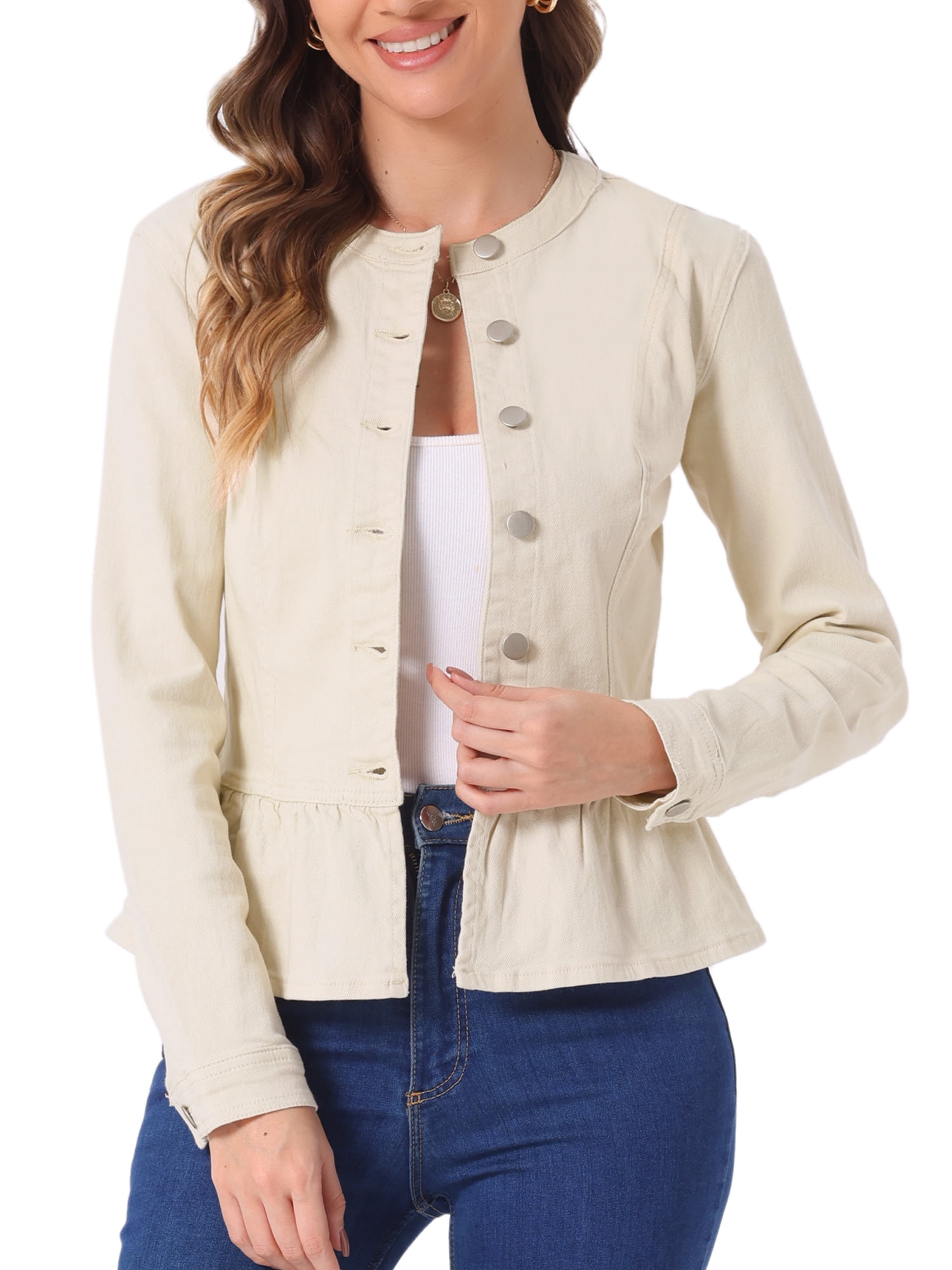 DARING DIVA Women's Button Down Cropped Ruffle Hem Denim Jacket L Oyster white