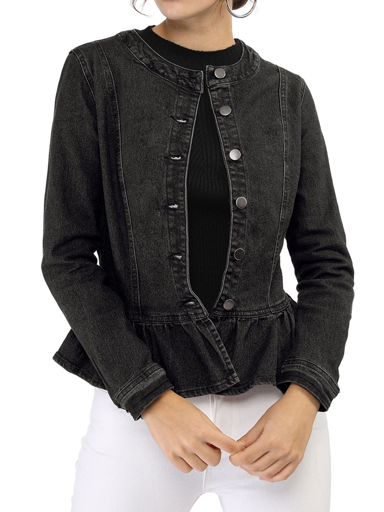 DARING DIVA Women's Button Down Cropped Ruffle Hem Denim Jacket M Black