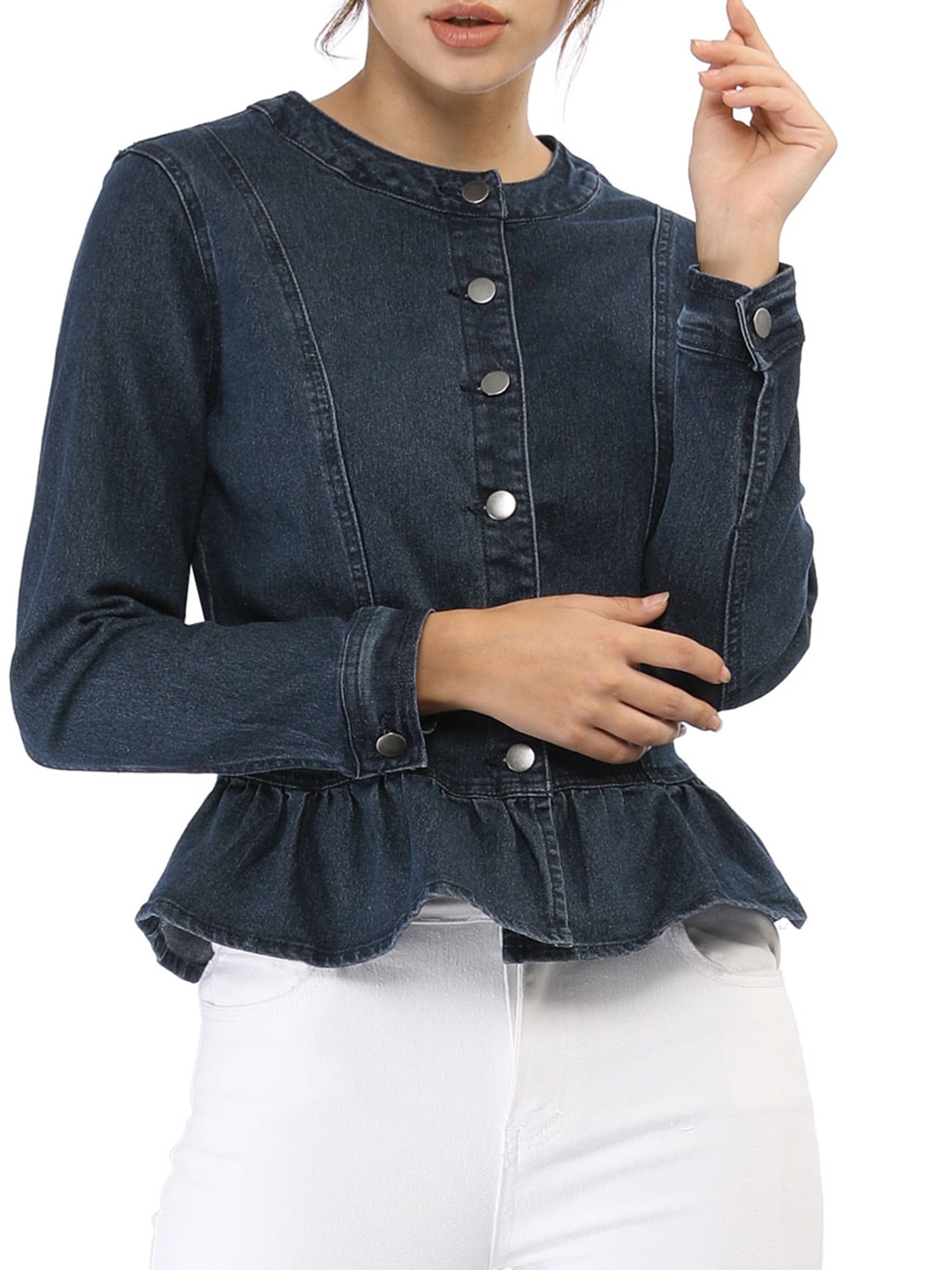 DARING DIVA Women's Button Down Cropped Ruffle Hem Denim Jacket M Blue
