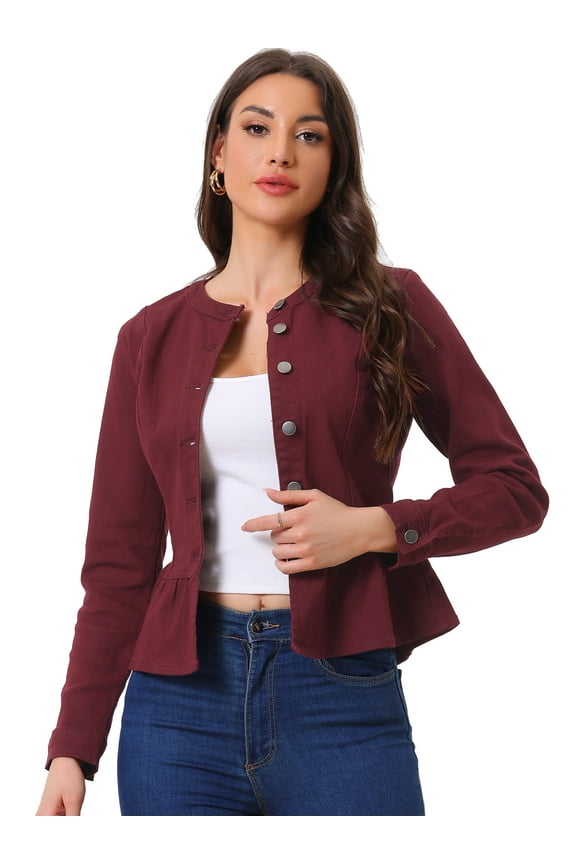 Women's Button Down Cropped Ruffle Hem Denim Jacket M Burgundy