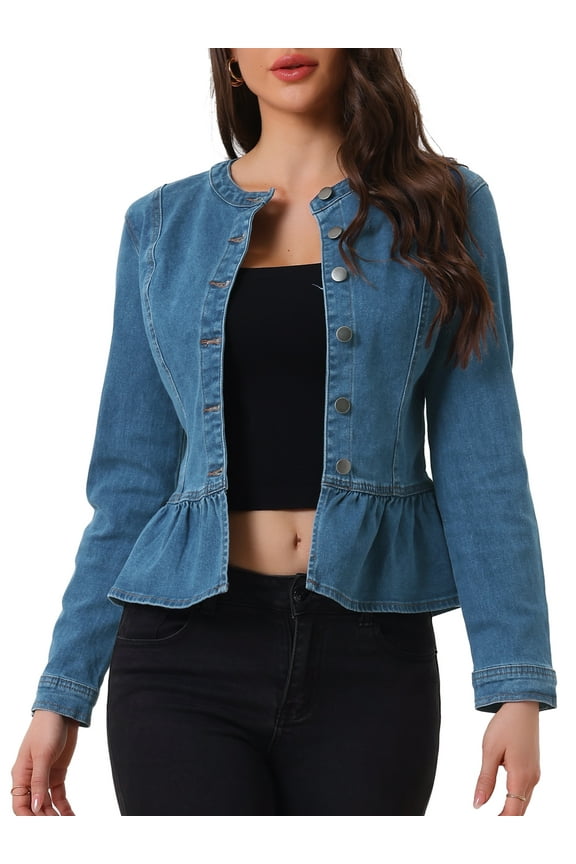 Women's Button Down Cropped Ruffle Hem Denim Jacket M Denim Blue