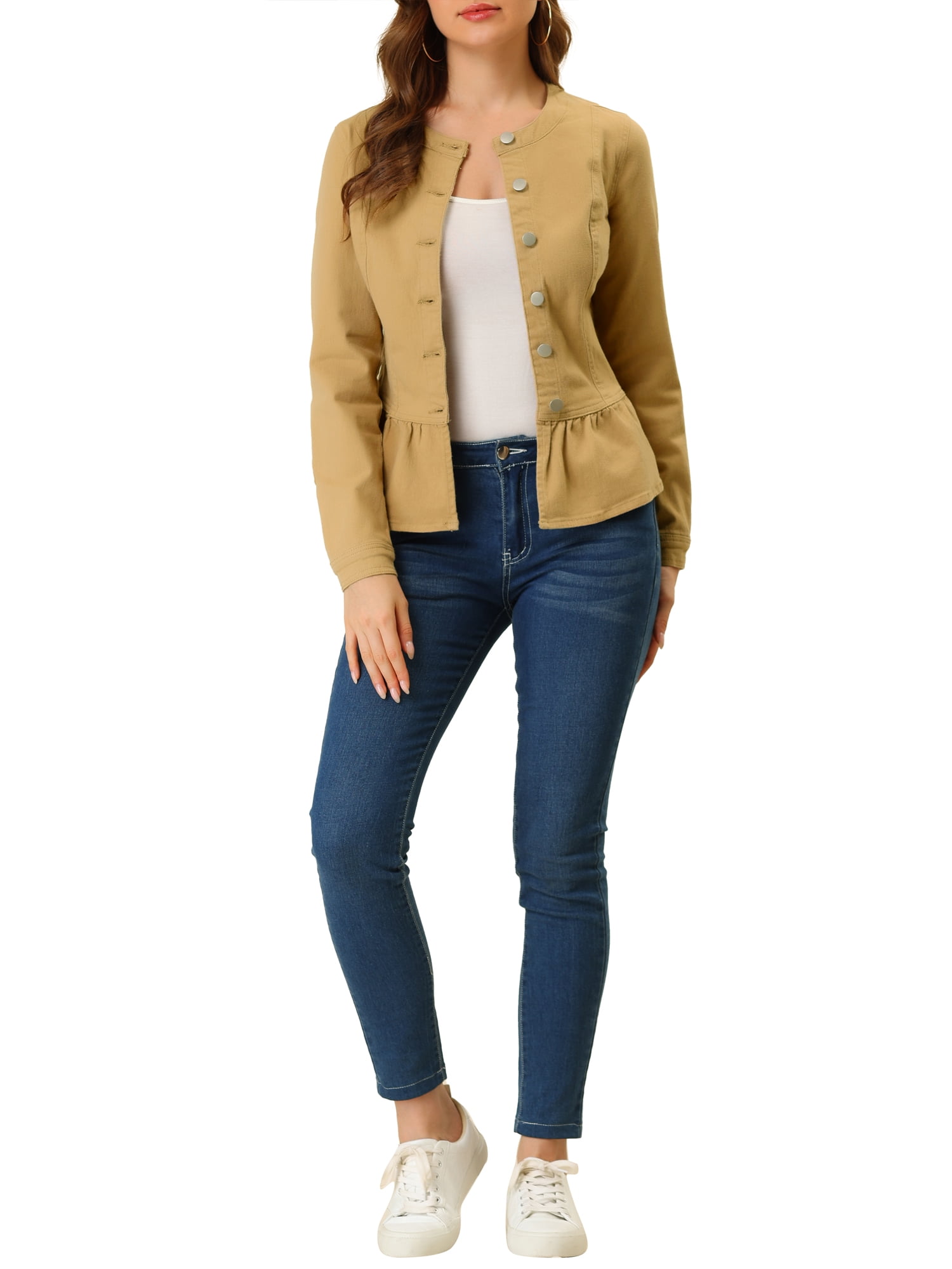 DARING DIVA Women's Button Down Cropped Ruffle Hem Denim Jacket M Khaki