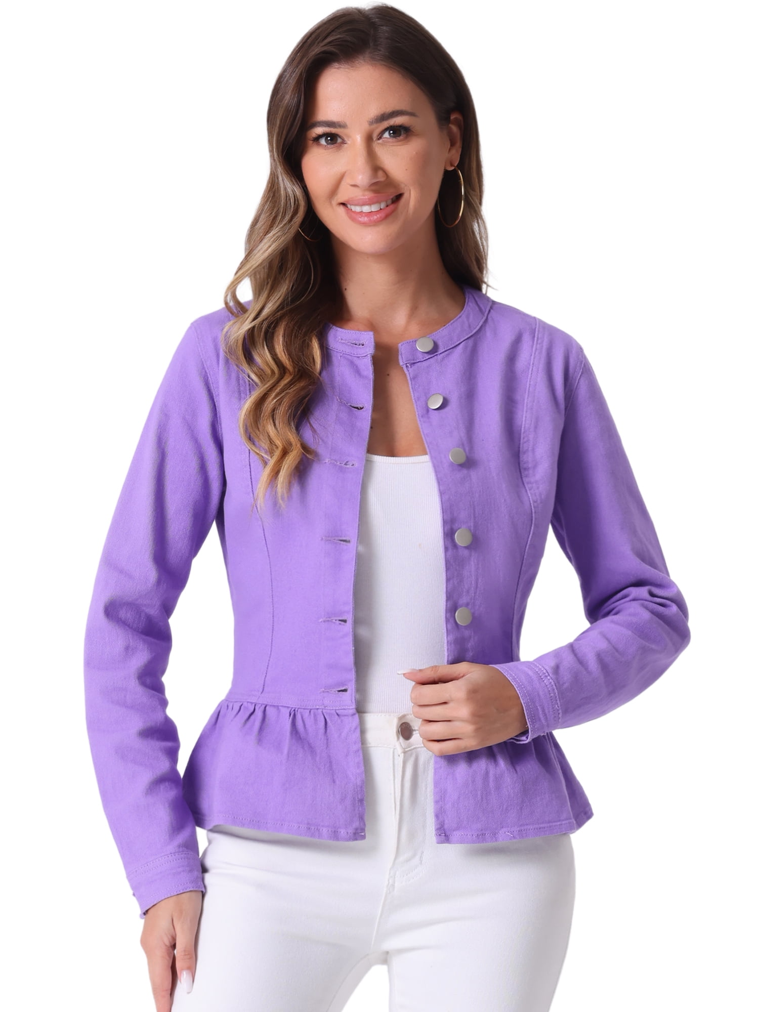 DARING DIVA Women's Button Down Cropped Ruffle Hem Denim Jacket M Purple