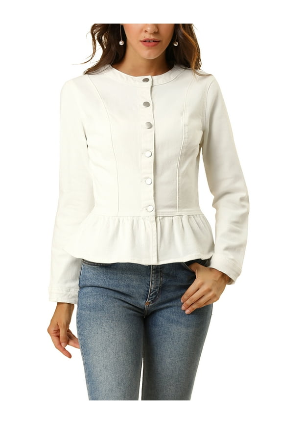 Women's Button Down Cropped Ruffle Hem Denim Jacket M White