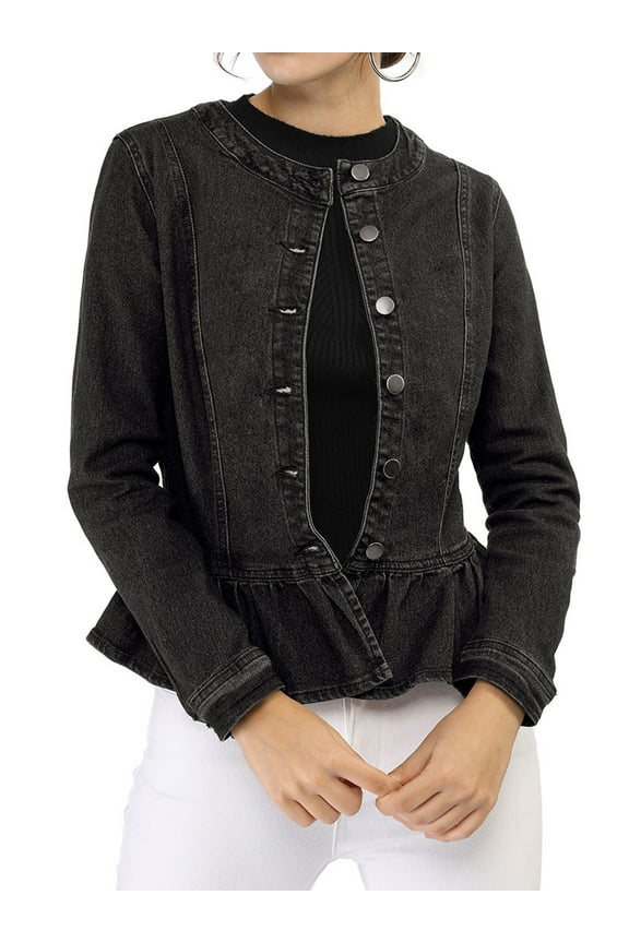 Women's Button Down Cropped Ruffle Hem Denim Jacket S Black