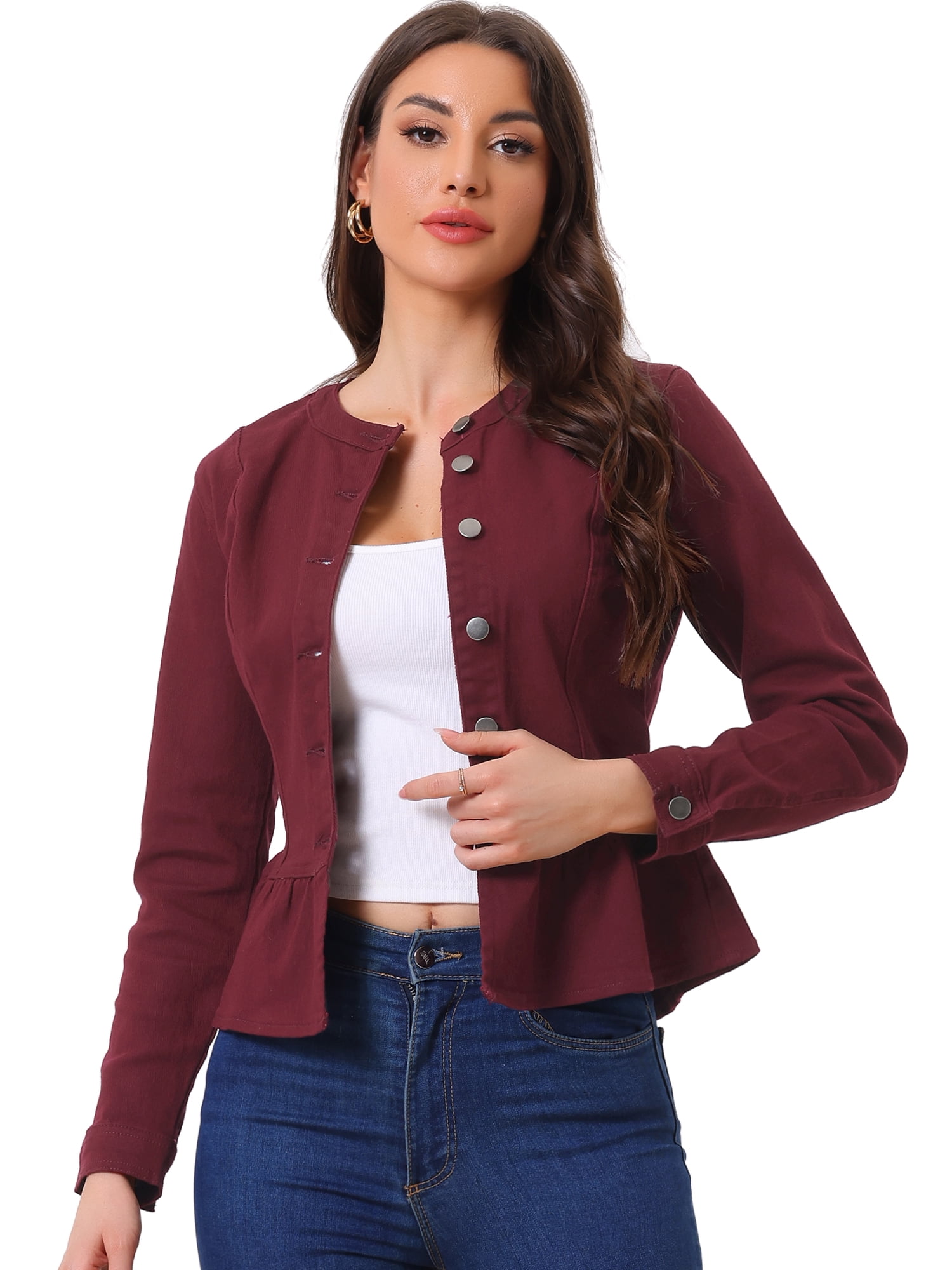 DARING DIVA Women's Button Down Cropped Ruffle Hem Denim Jacket S Burgundy