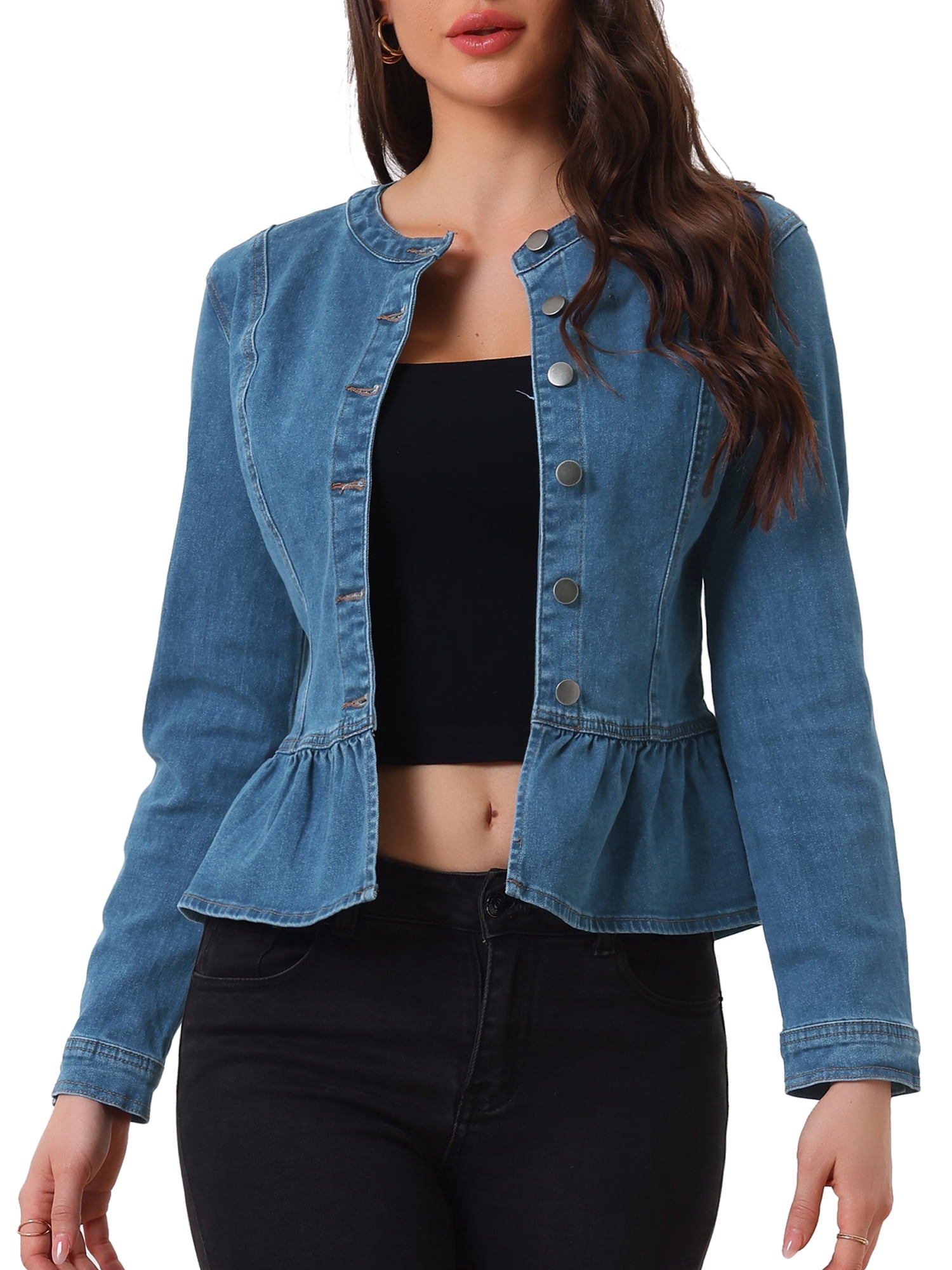 DARING DIVA Women's Button Down Cropped Ruffle Hem Denim Jacket S Denim Blue